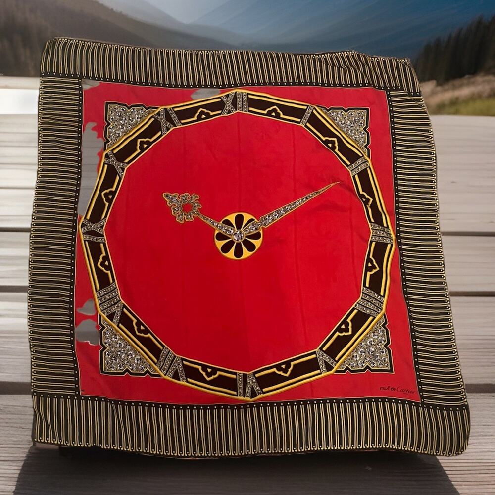 VTG Must de Cartier Paris Silk Black Red Art Deco Style Clock Scarf Luxury